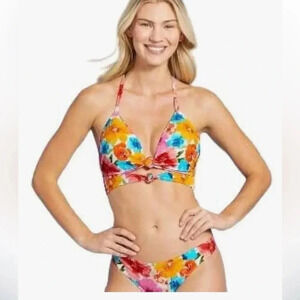 Shade & Shore  Lightly Lined Longline Double Knot-Front Bikini Top Floral size M